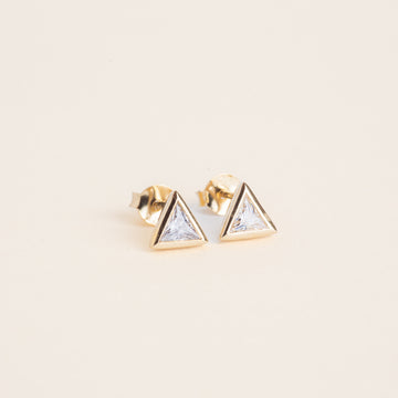 a pair of triangle shaped earrings on a white background