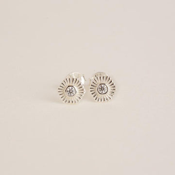 a pair of silver earrings on a white background