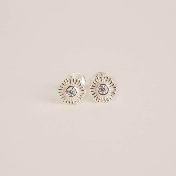 a pair of silver earrings on a white background