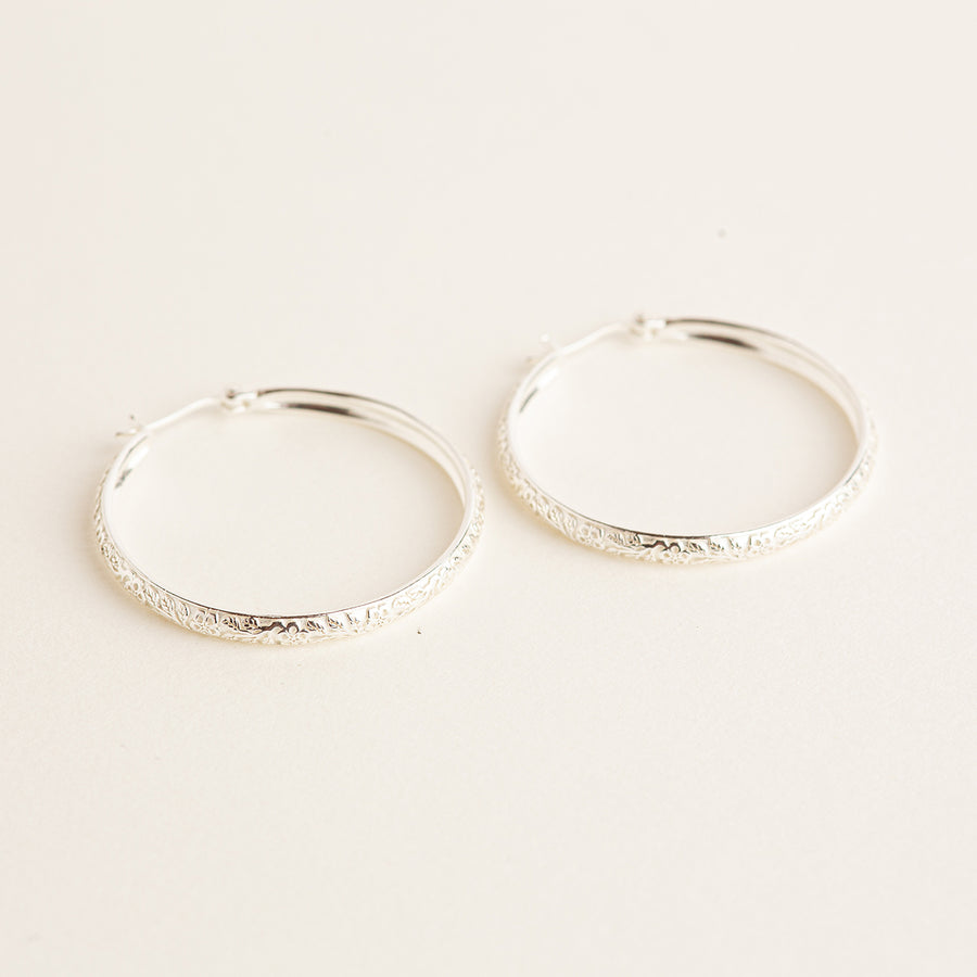 Silver Boho Floral Hoop Earrings