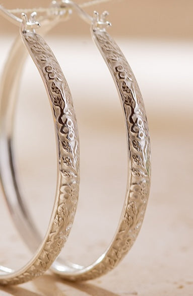Silver Boho Floral Hoop Earrings