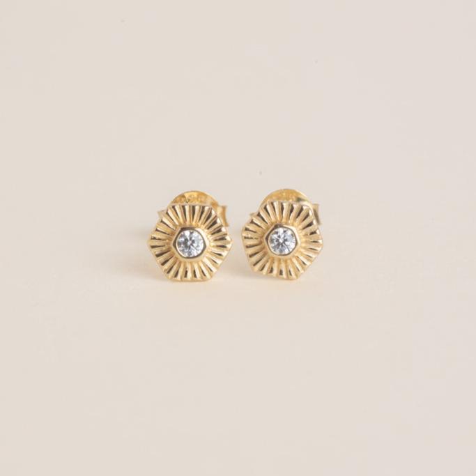 a pair of gold earrings with a diamond